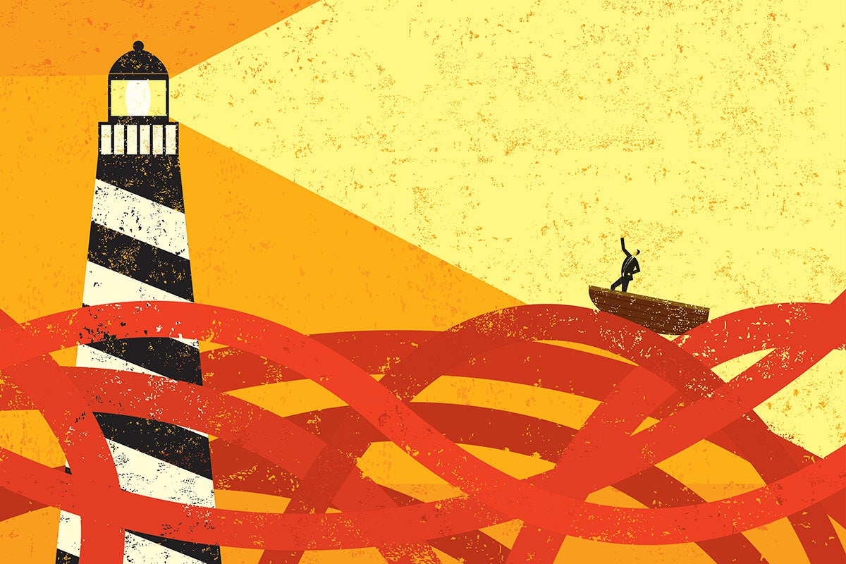 lighthouse beam beckons to a businessman in a boat on a sea of red tape