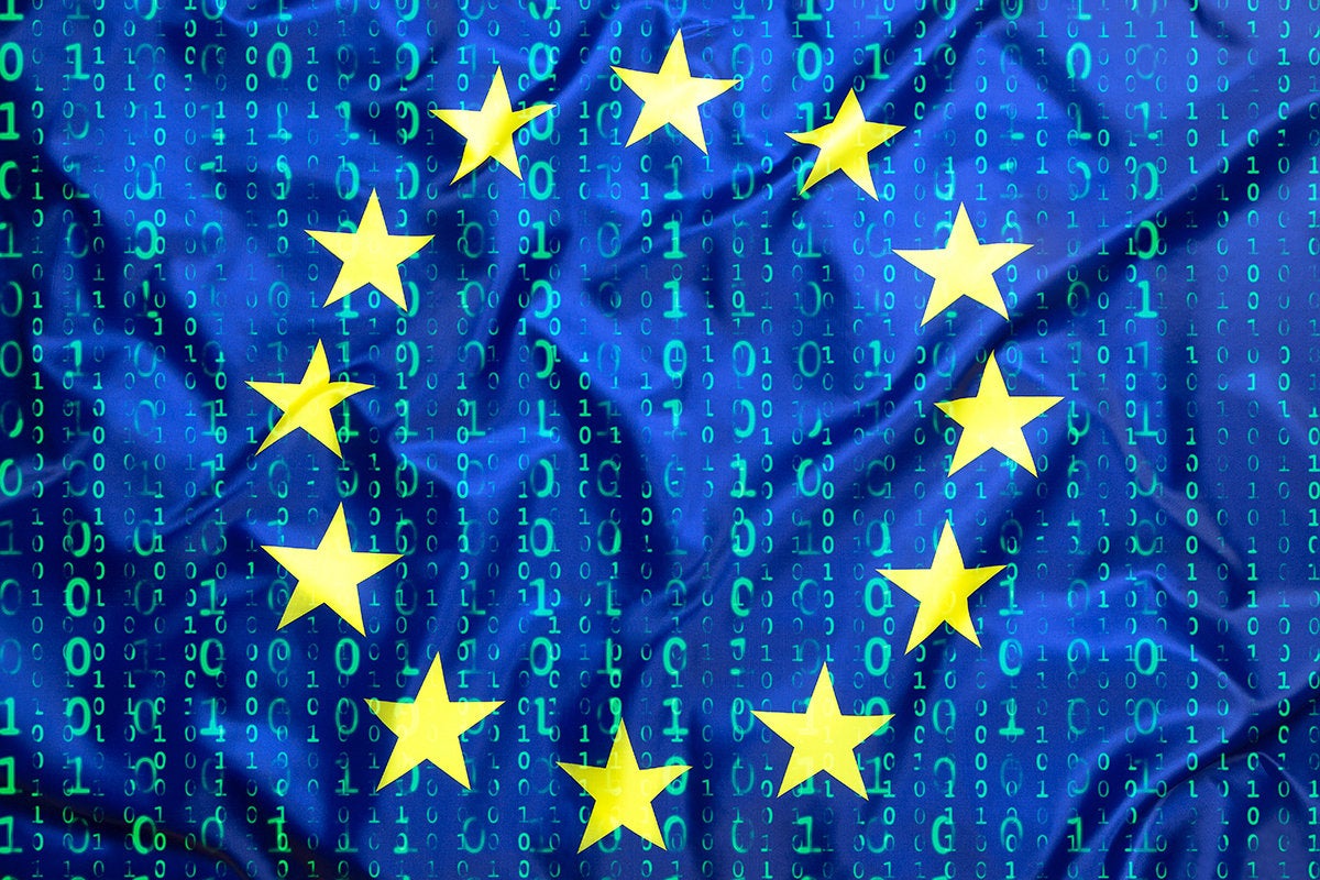 European Union [EU] flag and binary code