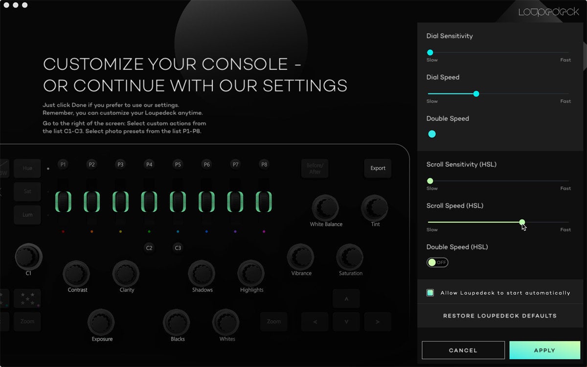 loupedeck settings sensitivity