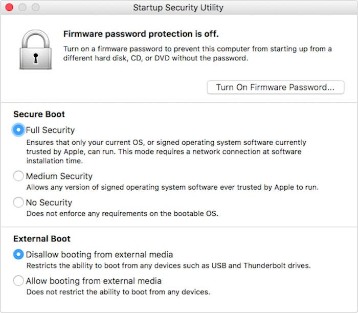 macos high sierra startup security utility