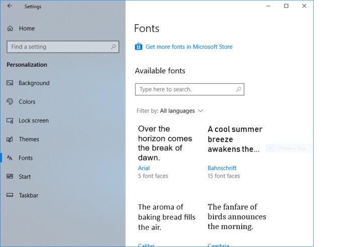 Windows 10 Redstone 4 settings fonts