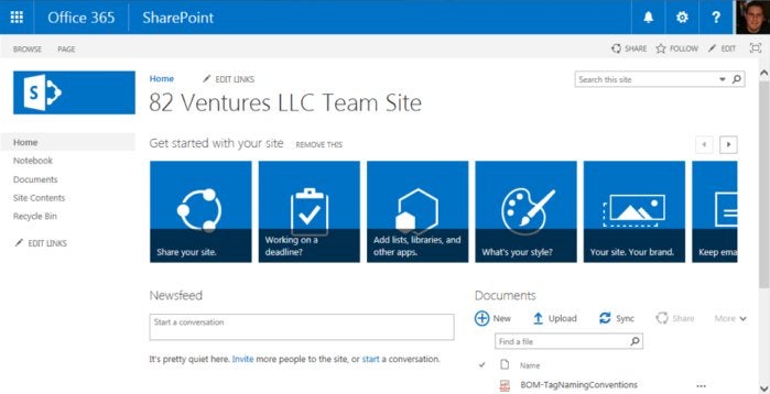 SharePoint Online - team site example