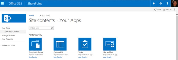 SharePoint Online - site contents apps