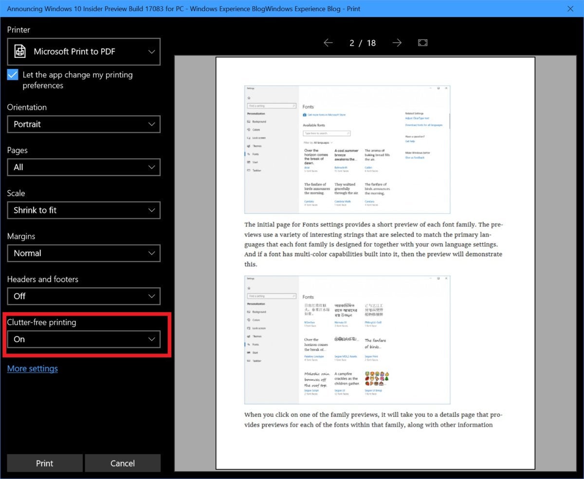 windows 10 insider clutter free printing edge