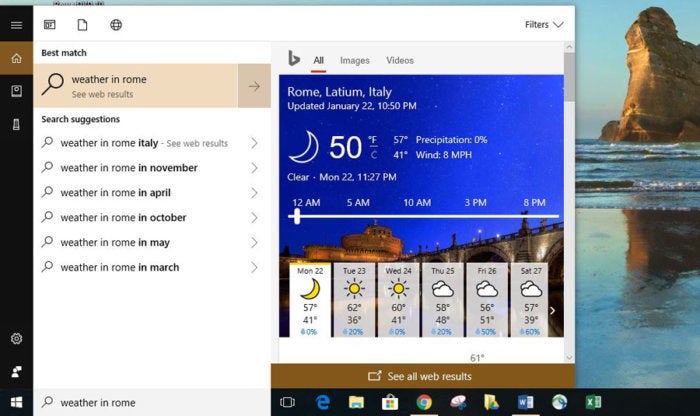 Windows 10 Cortana flyout