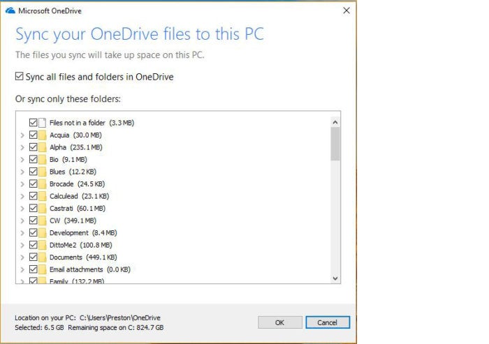 Windows 10 OneDrive settings