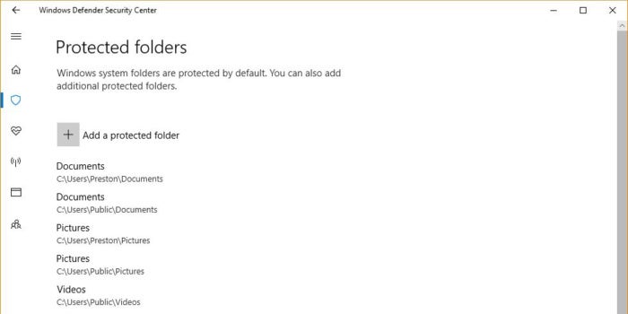 Windows 10 protected folders