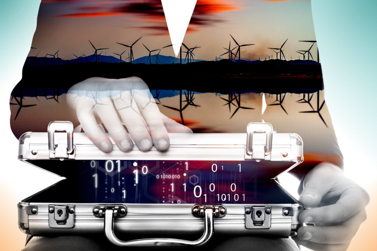 CSO slideshow - Insider Security Breaches - A briefcase of binary code, wind turbines on the horizon