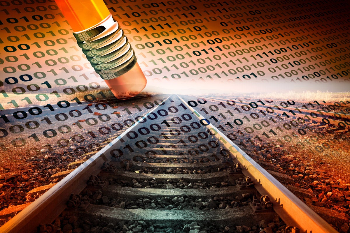 CSO slideshow - Insider Security Breaches - Pencil erasing binary railroad data