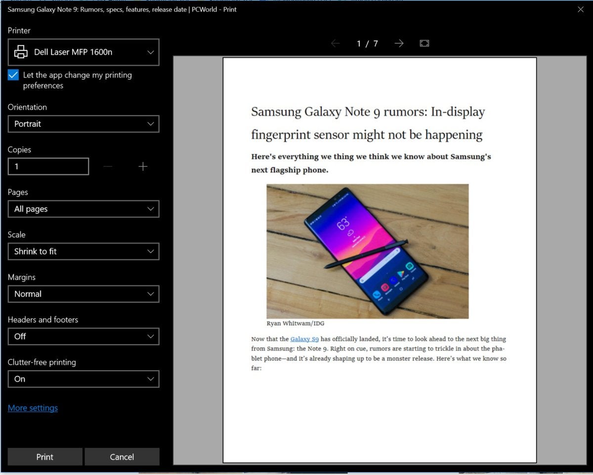 Microsoft Windows 10 Spring Creators Update Edge clutter free printing on