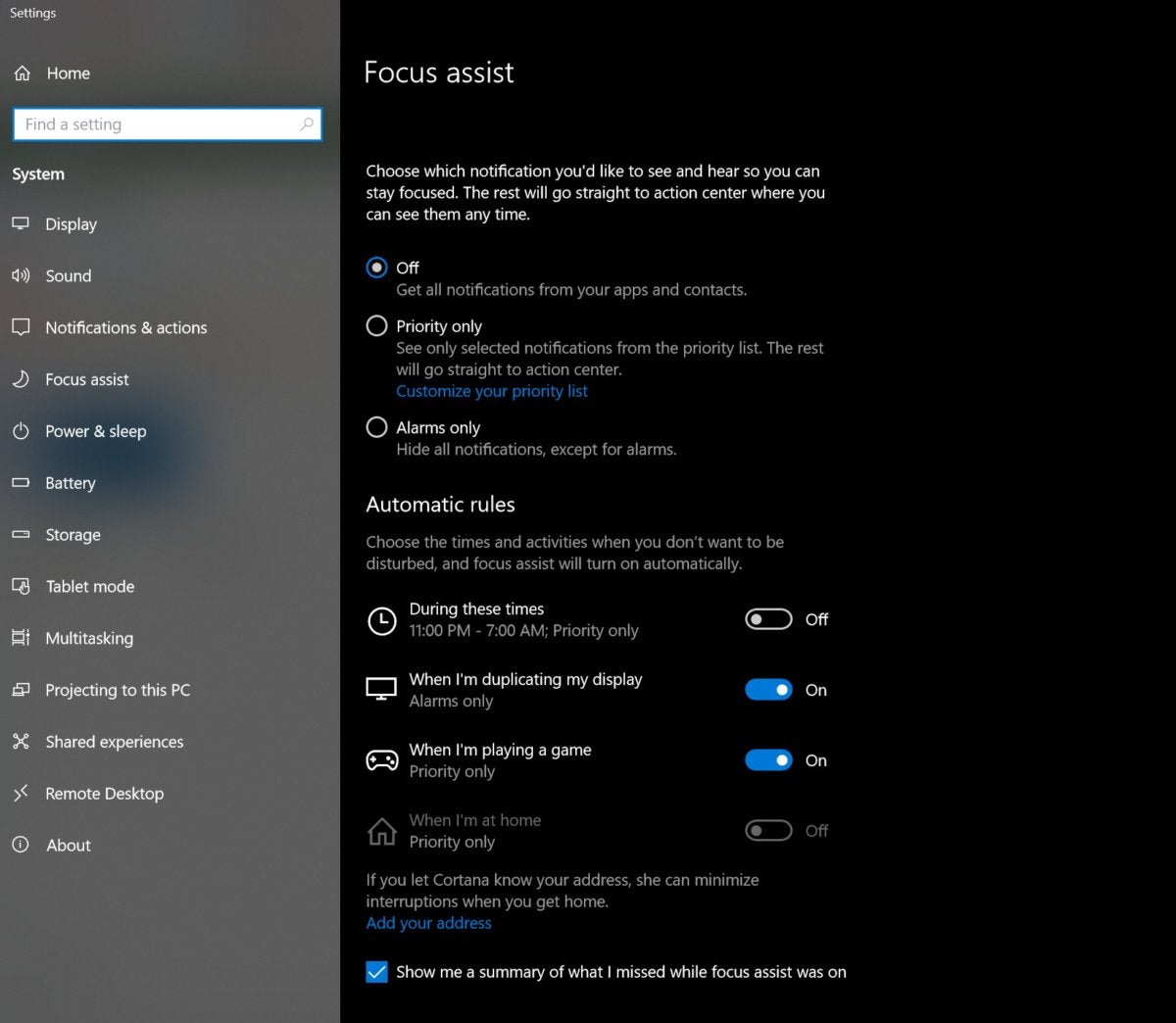 Windows 10 Spring Creators Update focus assist setting