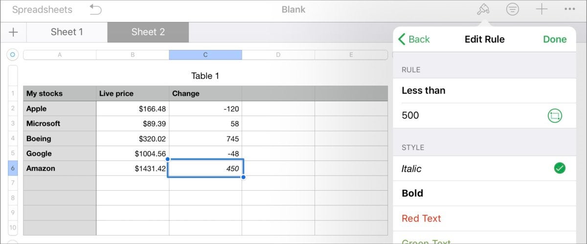 numbers4 ios conditional cell short