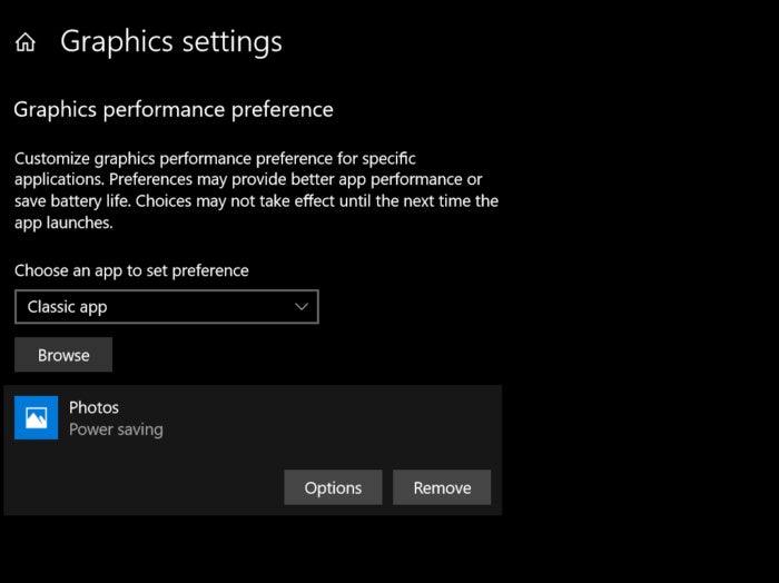 Windows 10 Redstone 4 per app graphics settings