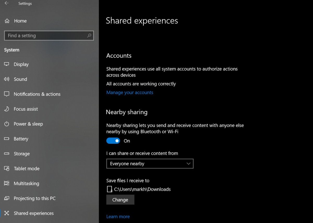 shared experiences settings near share windows 10