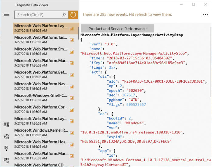 Windows 10 version 1803 Diagnostic Data Viewer