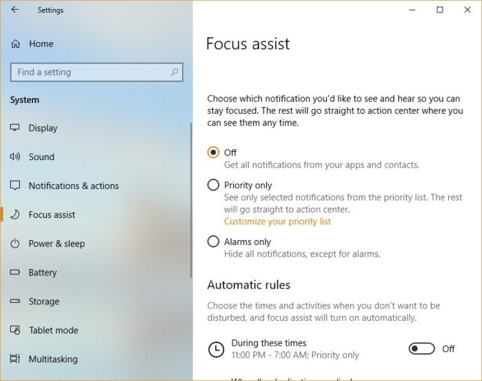 Windows 10 version 1803 Focus Assist settings