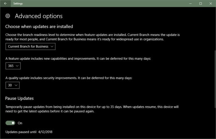 windows update 1703 advanced options