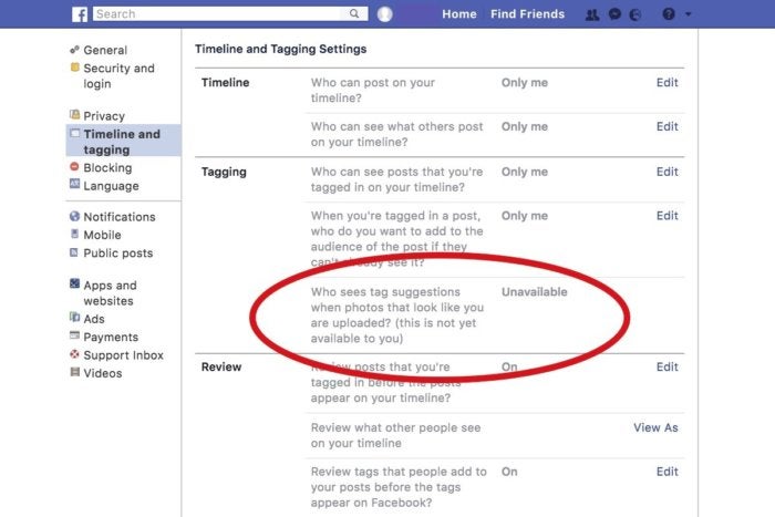 facebook face recognition settings