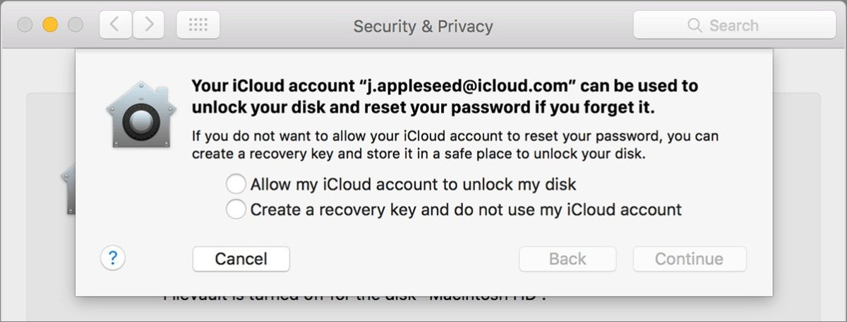 mac911 filevault recovery key icloud prompt