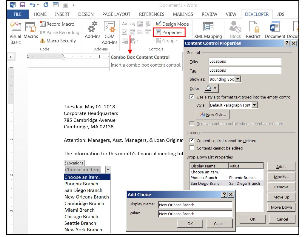 ms word combo box user text 2010