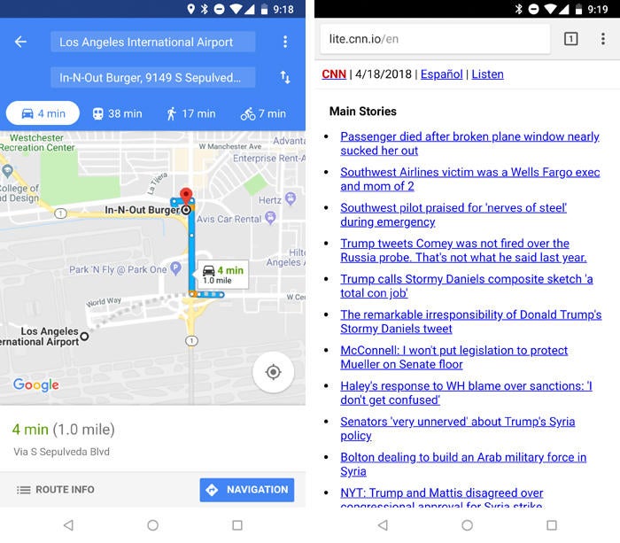 Aplicativos leves de dados do Android - o site de texto do Google Maps Go e da CNN