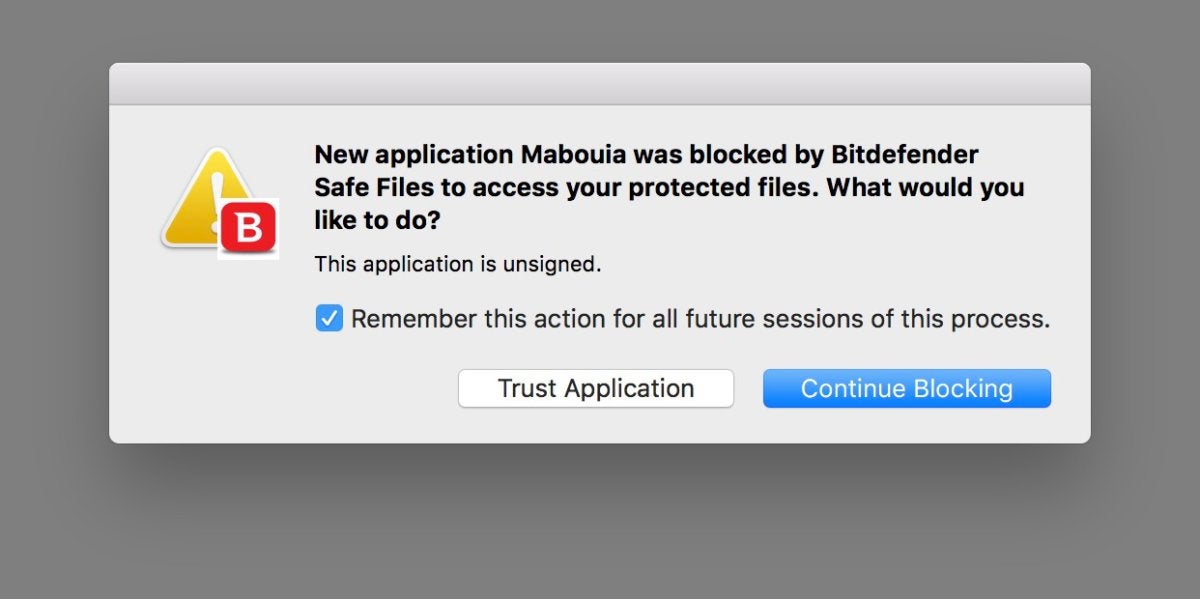 bitdefender safe files blocking dialog