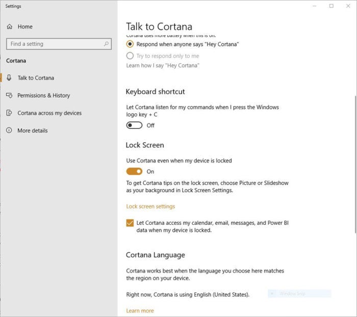 Cortana lock screen setting