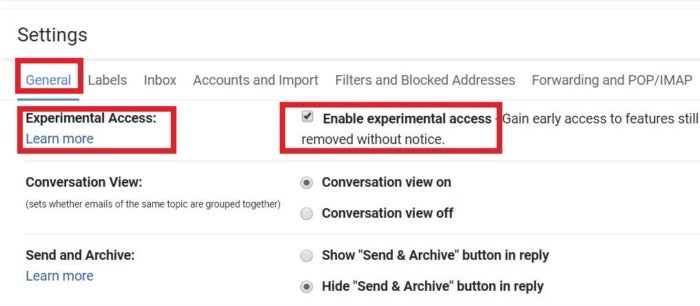 gmail experimental settings