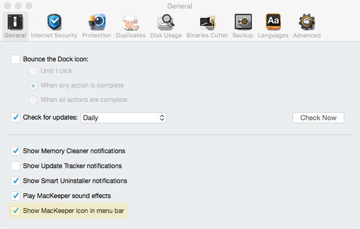 mackeeper v.3.20 preferences menu bar