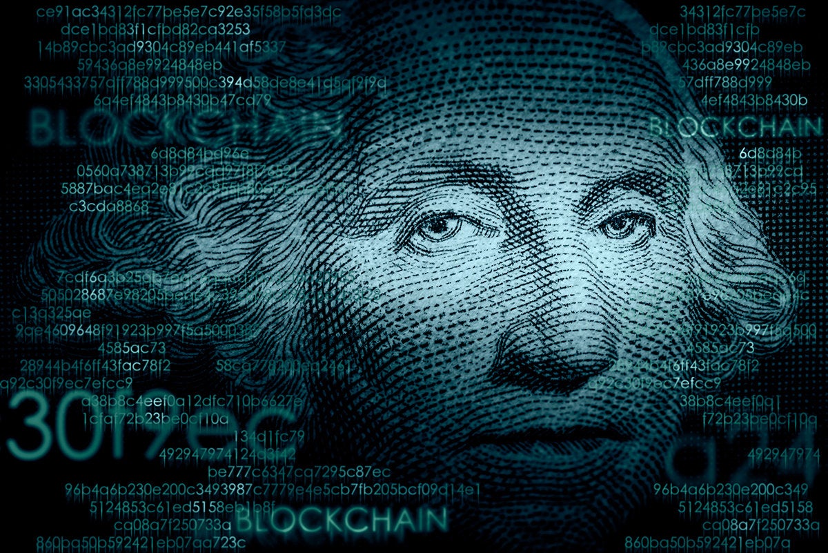 cryptocurrency and blockchain concepts integrated with a close-up of the U.S. one-dollar bill