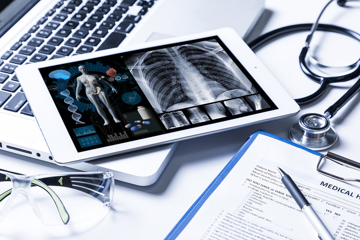 Electronic Health Records [EHR] / digital medical data / stethoscope, tablet, laptop