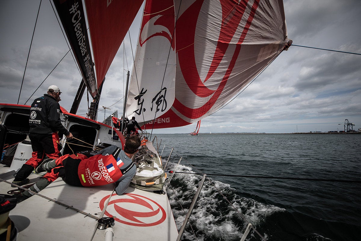 volvo ocean race on the donfeng approaching finish line in the hague