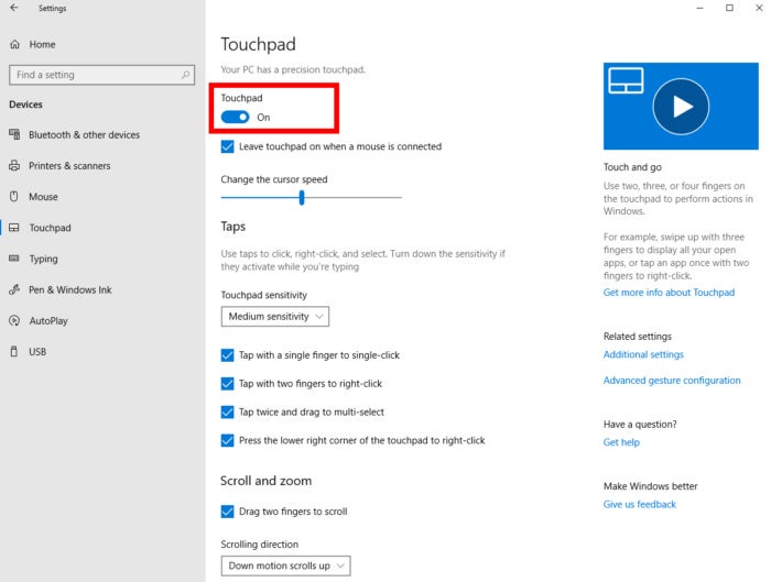 mouse and touchpad settings