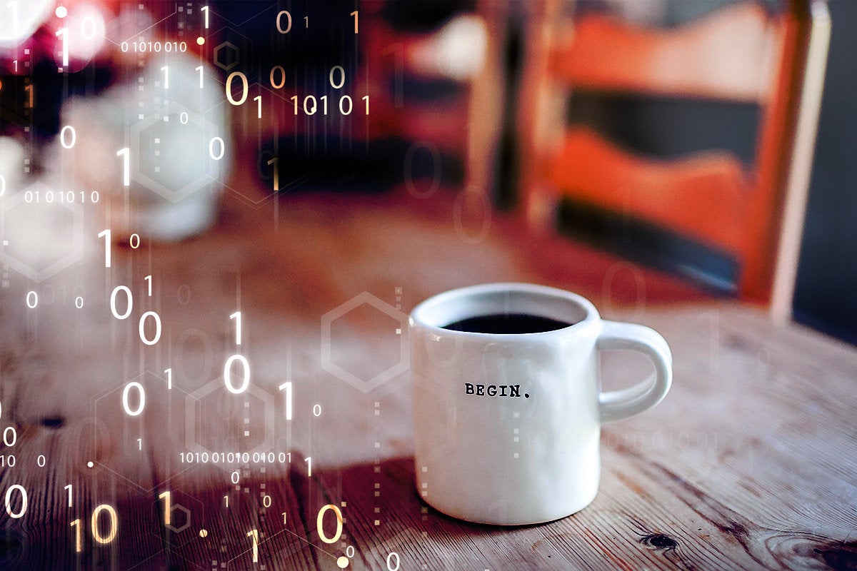 Digital Transformation / In a binary environment, a coffee mug is labeled 'begin.'