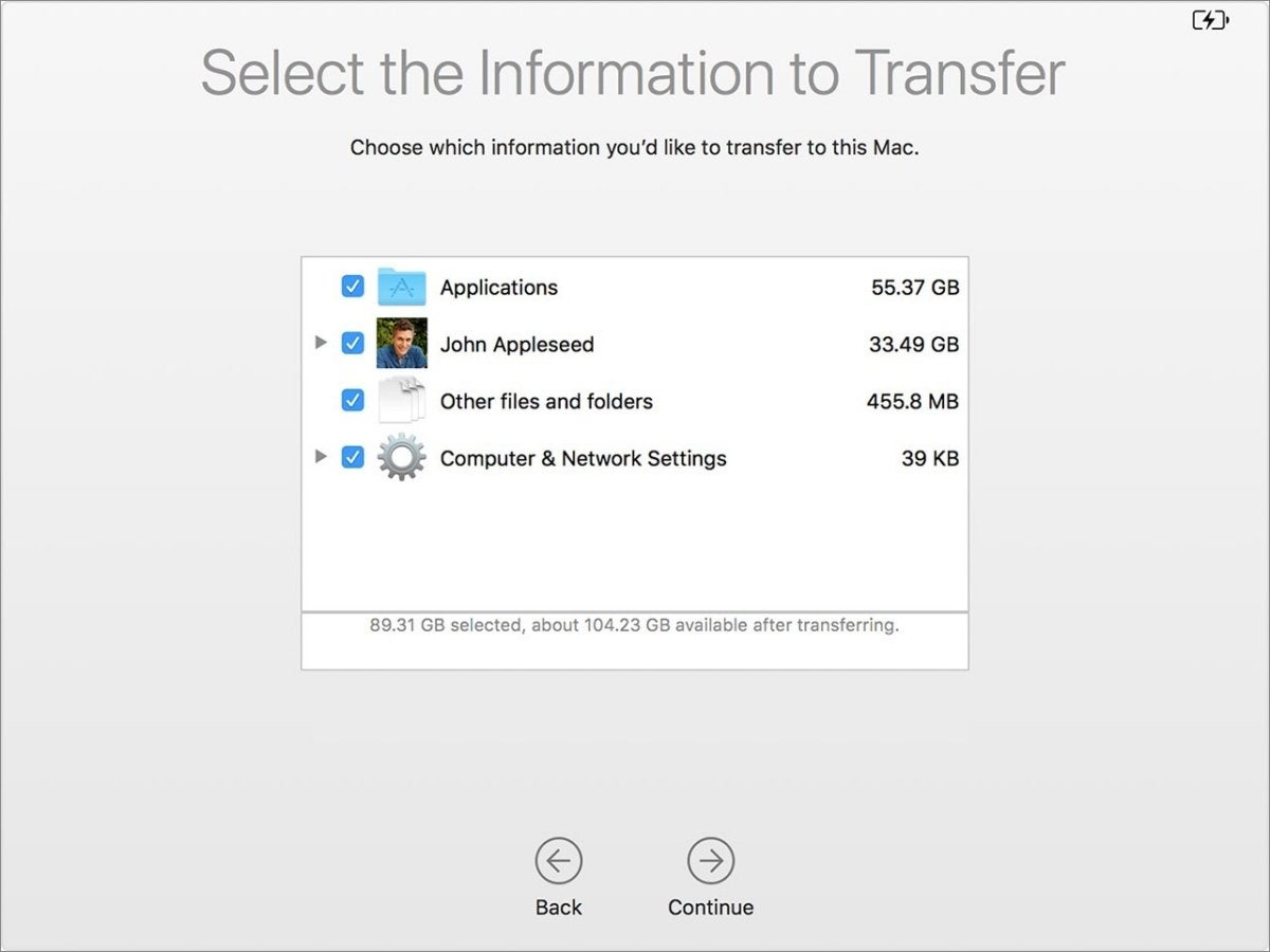 macos high sierra migration assistant select items