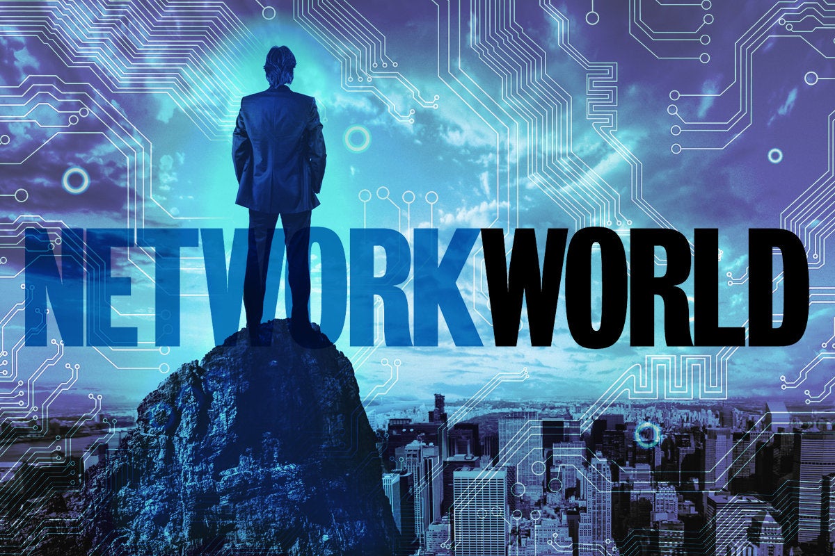 man on cliff network world logo edge computing circuitry city