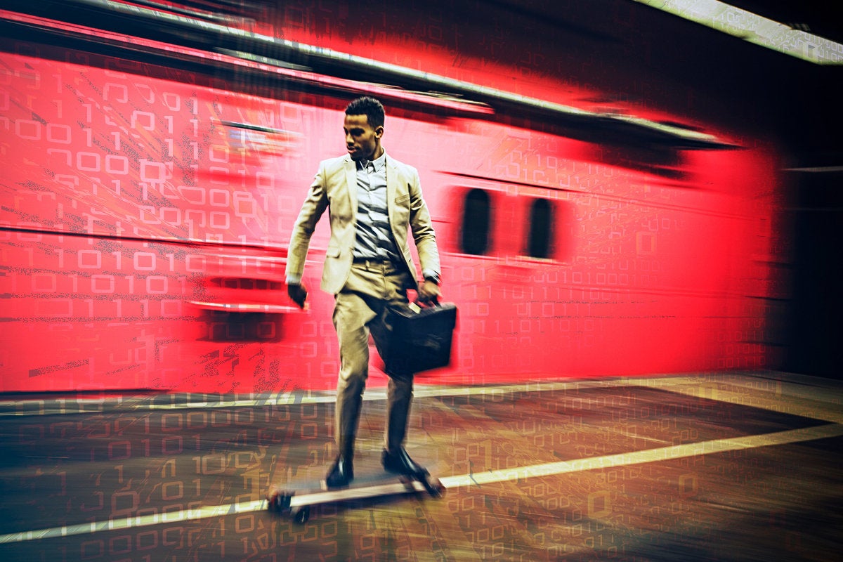 man skating on longboard binary speed responsive agile executive with briefcasse