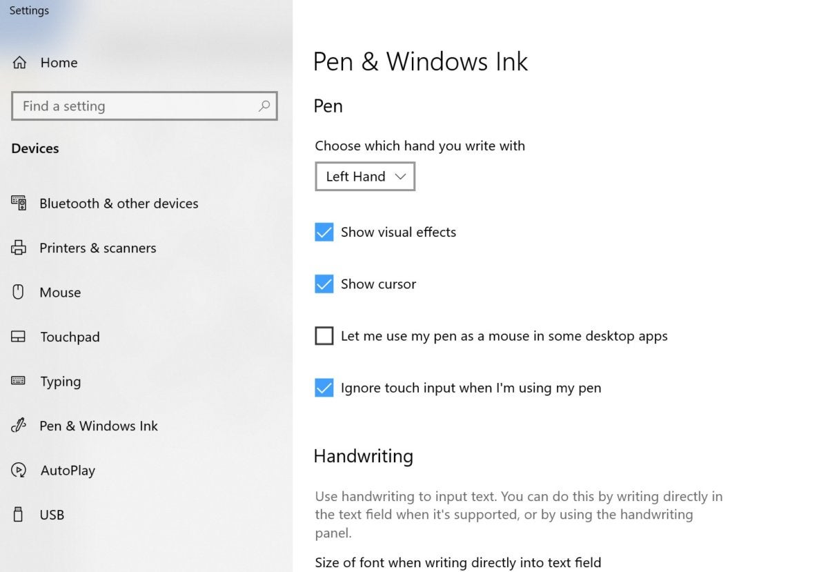Microsoft Windows 10 pen settings