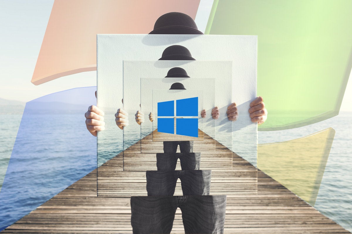 windows logos man with derby hat holding mirrors canvas dock ocean
