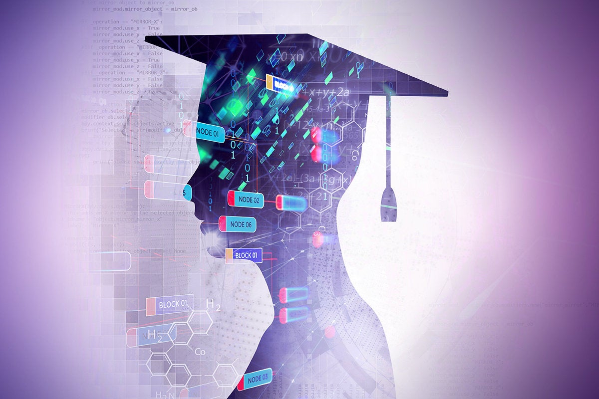 Certification / Graduate silhouette surrounded by abstract technology and blockchain imagery.