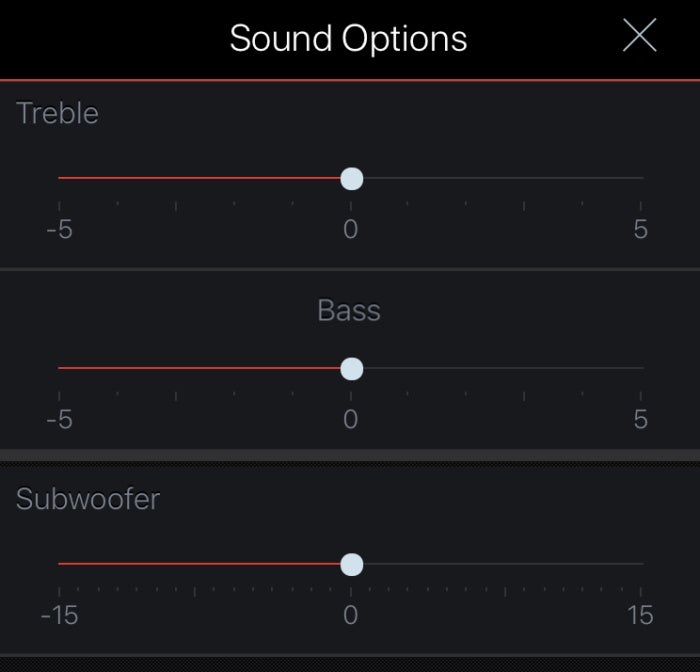 You can adjust the sound bar’s treble and bass and the subwoofer’s volume from the Heos app.