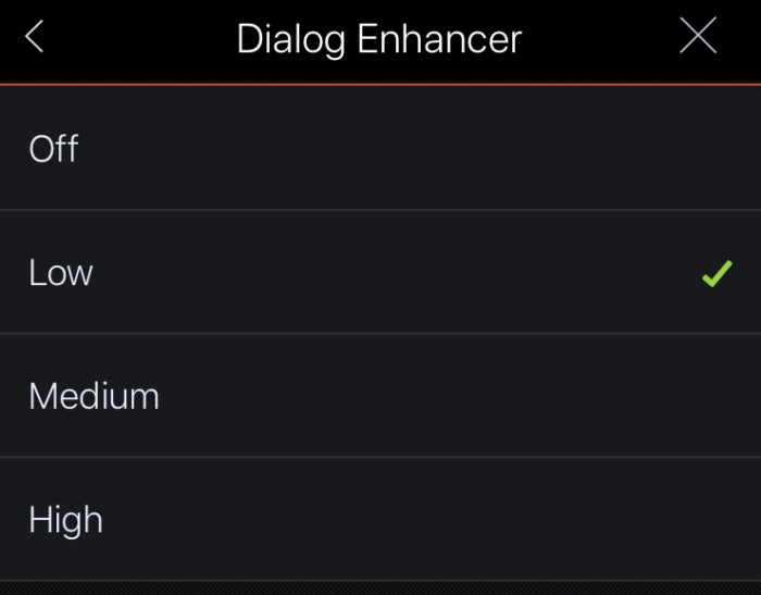 The Denon’s dialogue enhancement feature has three levels and can be turned off altogether.