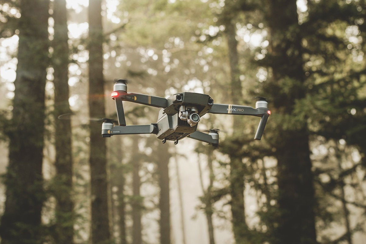 A drone, hovering in the woods.