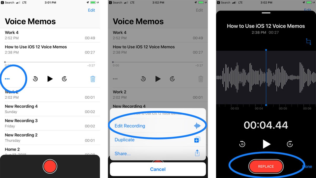 ios12 voice memos replace audio