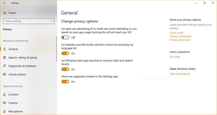   Windows 10 Privacy Ad ID 