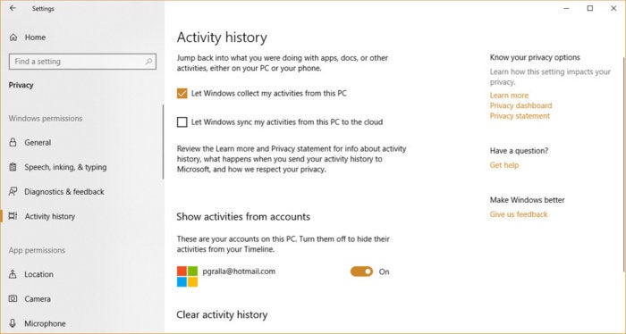   Windows 10 Privacy Timeline Activity History 