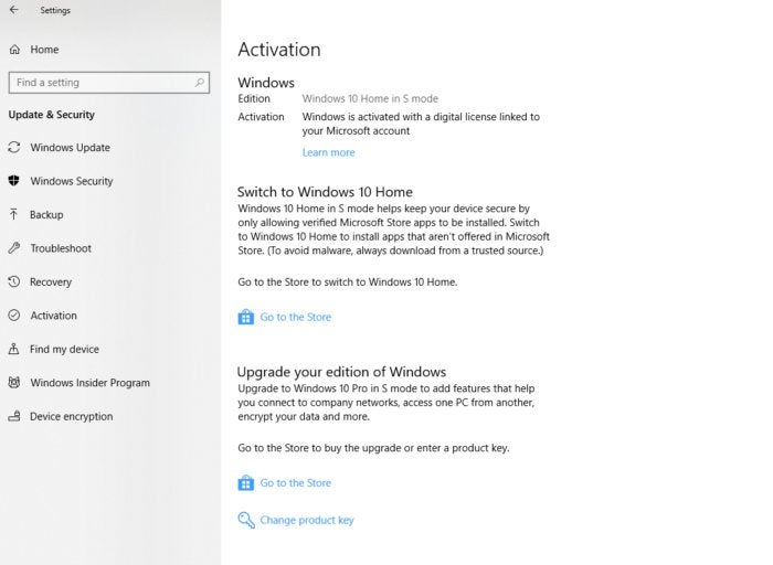 Microsoft Surface Go windows 10 s mode settings