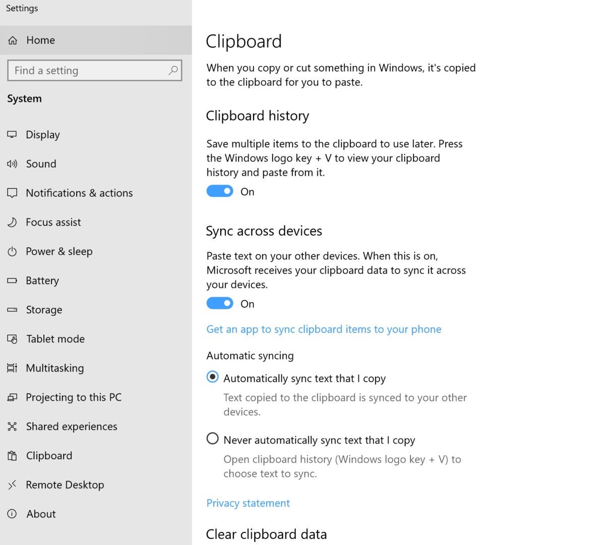 Windows 10 October 2018 Update clipboard settings