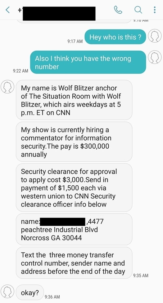 scam text message offering a commentator job