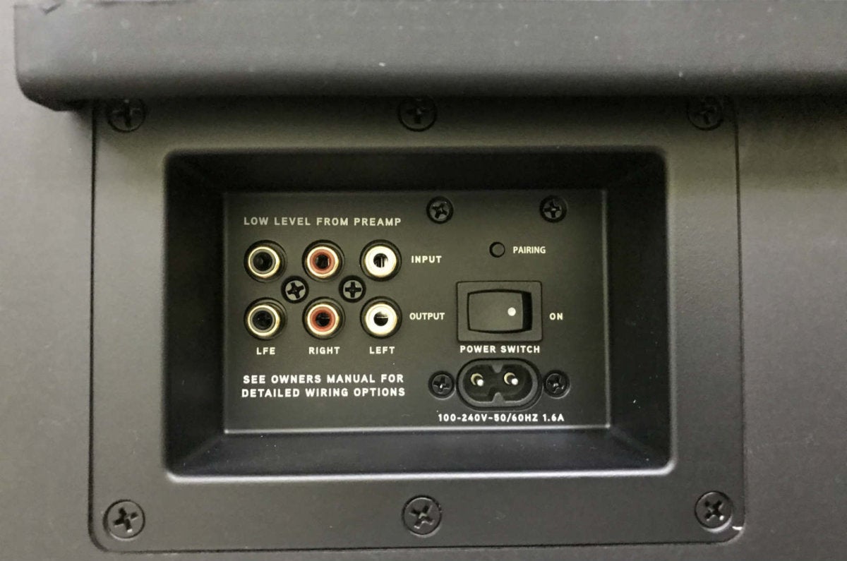 View of the Pulse Subwoofer’s input and output options.